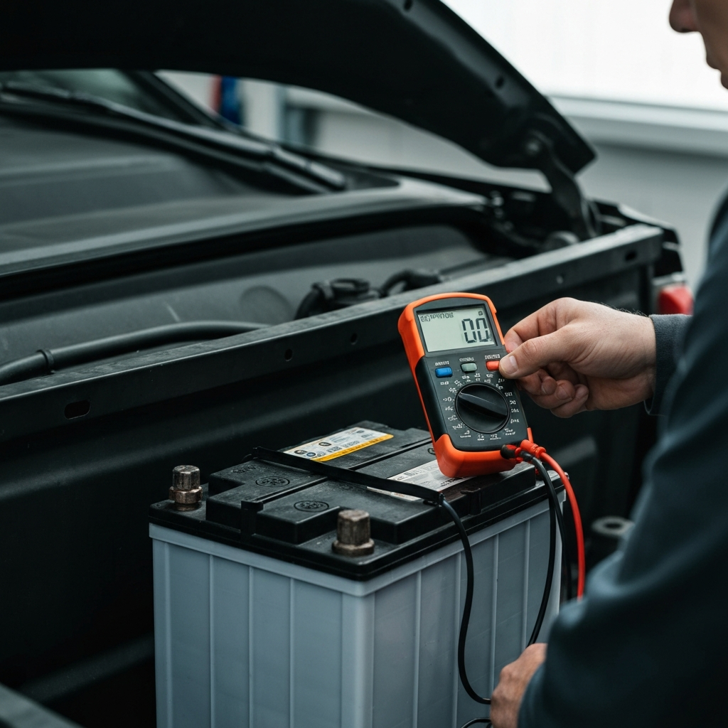 A person using a multimeter to test the voltage of a car battery. The battery is clean and well-maintained. The multimeter screen is clearly visible, showing a voltage reading. The setting is a well-lit garage.