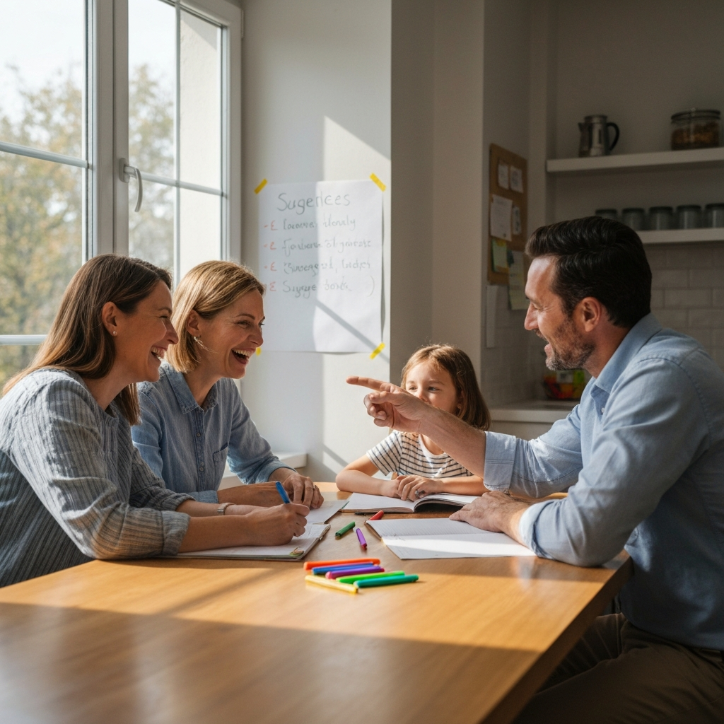 A family of four sits around a kitchen table, laughing and writing ideas on a large sheet of paper taped to the wall. Natural light streams through the window, illuminating the colorful pens and paper. The mom is helping a younger child spell a word, and the dad is pointing at a suggestion on the list.