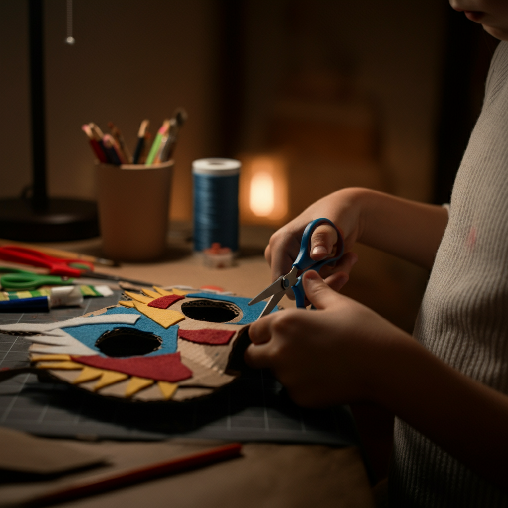 Close-up shot of hands carefully cutting and gluing colorful felt pieces onto a cardboard mask. The background is blurred with soft bokeh, showing a child's art supplies neatly arranged on a table. Warm, soft lighting from a nearby lamp.
