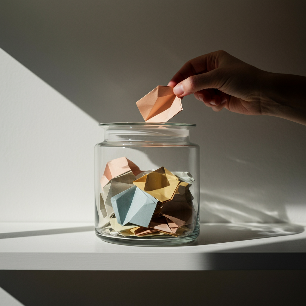 A glass jar filled with small, colorful pieces of paper sits on a shelf. Soft, diffused light illuminates the jar, creating a sense of warmth and nostalgia. A hand is reaching out to place another folded piece of paper inside.