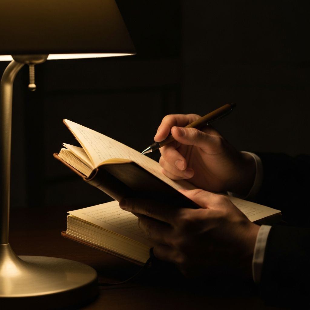 Close-up of a person's hands holding a worn leather journal and a simple pen, illuminated by the soft, warm glow of a table lamp. The texture of the paper is visible, hinting at personal reflections.