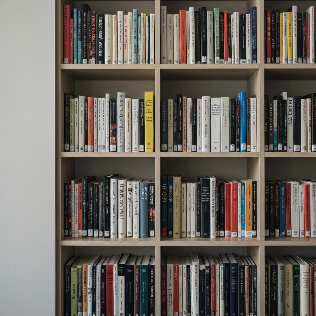 A well-lit bookshelf filled with various philosophy books, arranged neatly. Focus on the spines and covers, with a subtle depth of field to soften the background. The lighting is balanced and professional.