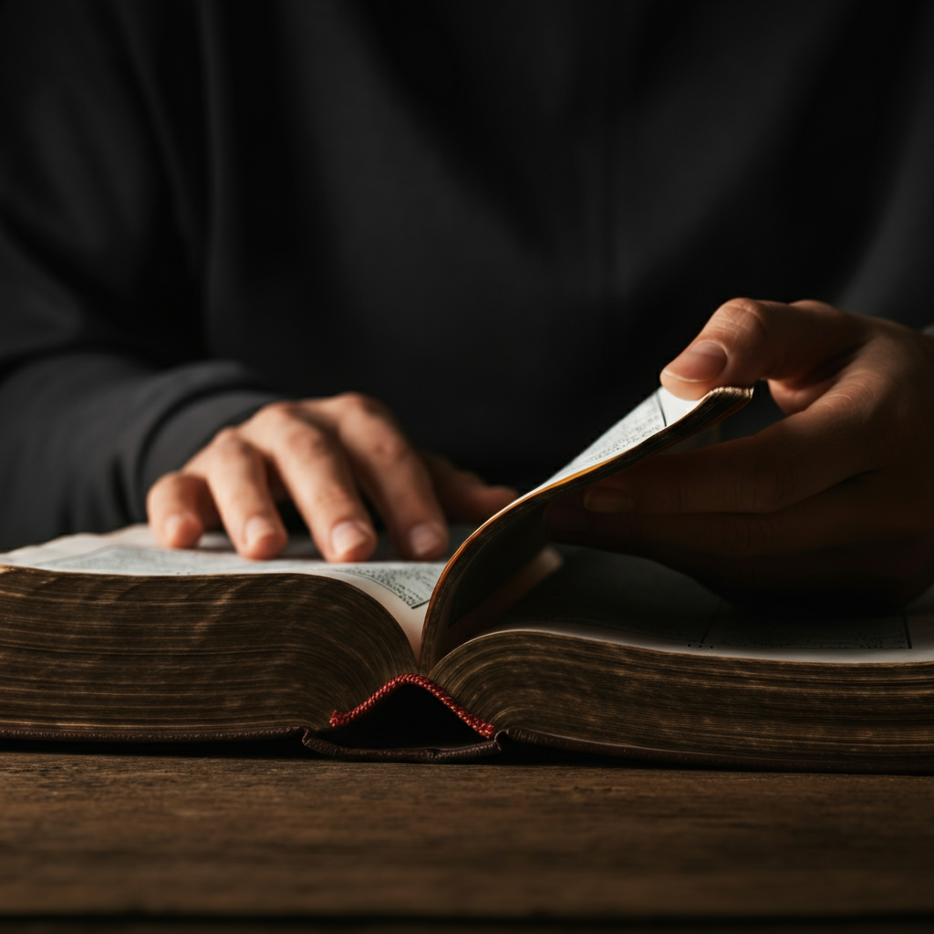 A person's hands gently turning the pages of an ancient religious text, such as the Bible or the Quran. The lighting is soft and diffused, highlighting the texture and age of the paper.