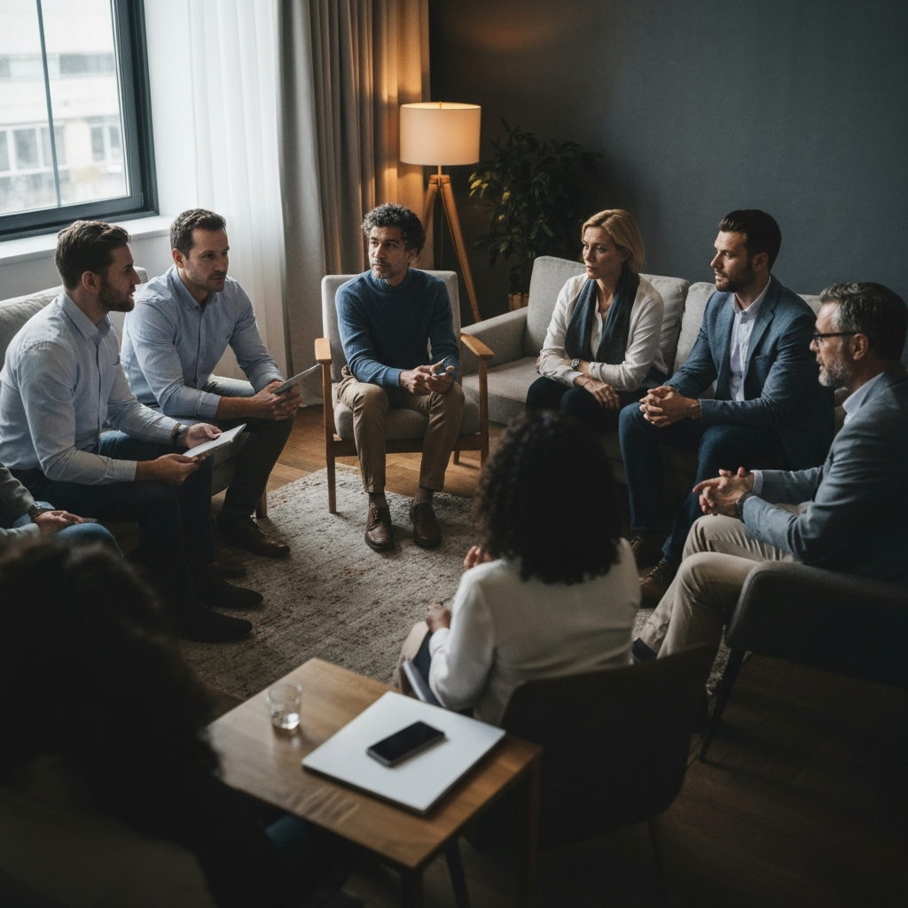 A group of diverse people sitting in a circle, engaged in a thoughtful discussion. The setting is a comfortable living room with warm lighting and soft, inviting textures.