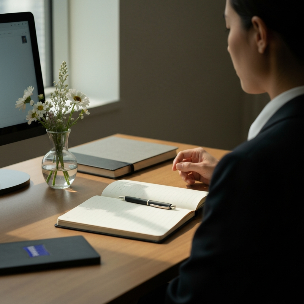 A desk with a neatly arranged journal, a pen, and a small vase of fresh flowers. The scene is bathed in natural light, creating a sense of calm and focus.