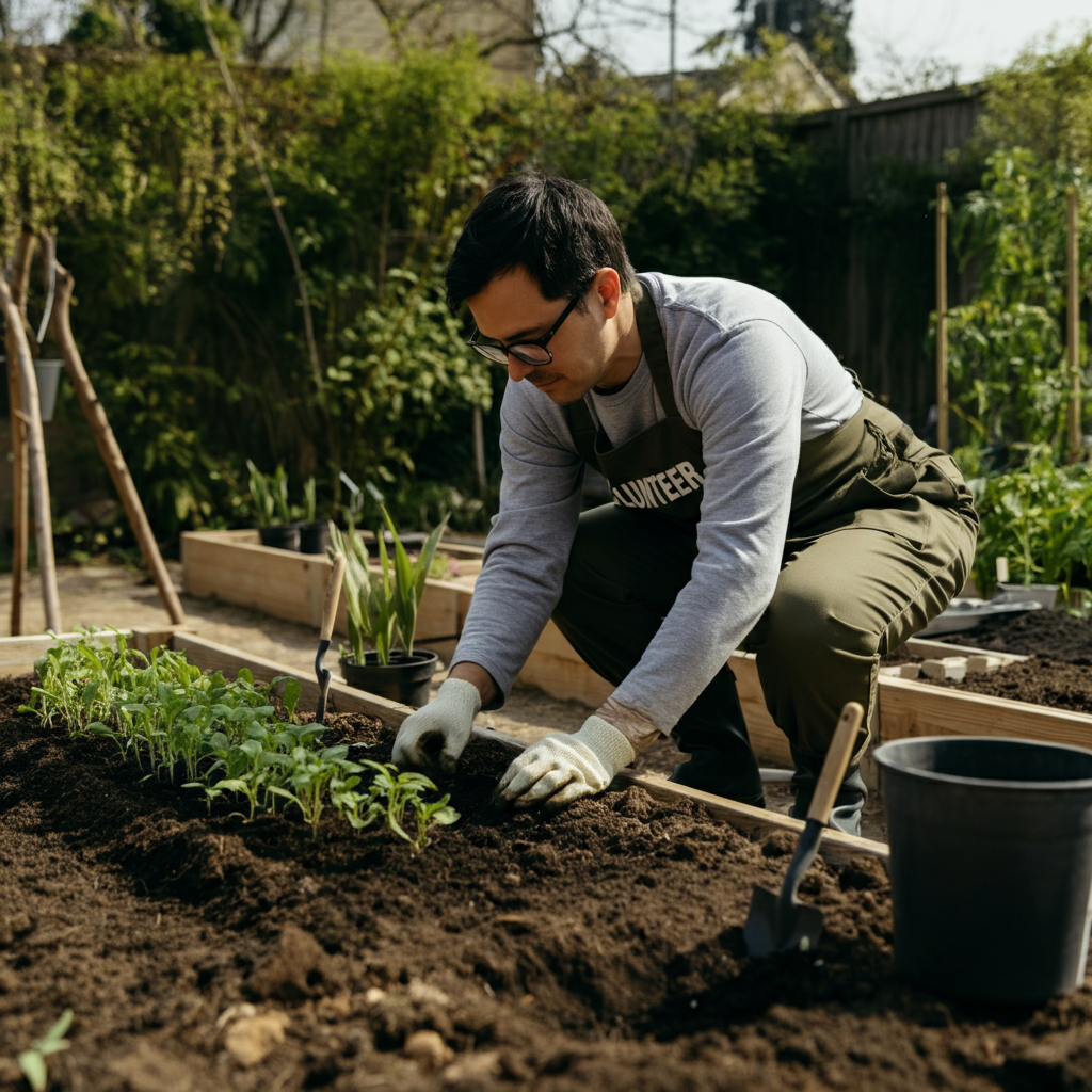 A volunteer working in a community garden, carefully planting seedlings. The scene is outdoors with natural lighting, showcasing the textures of the soil and plants.