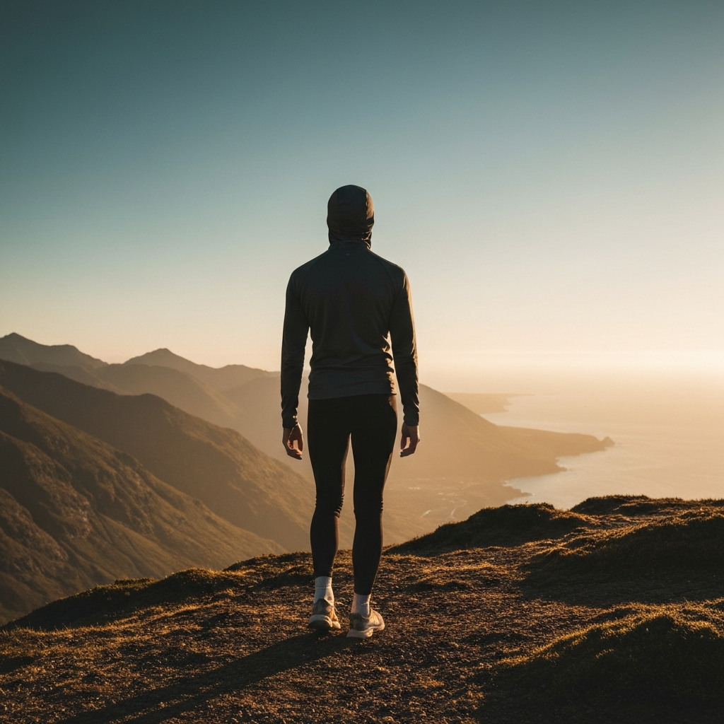 A person gazing out at a vast and beautiful landscape, such as mountains or the ocean. The scene is captured during golden hour, with warm, soft lighting emphasizing the sense of wonder and possibility.
