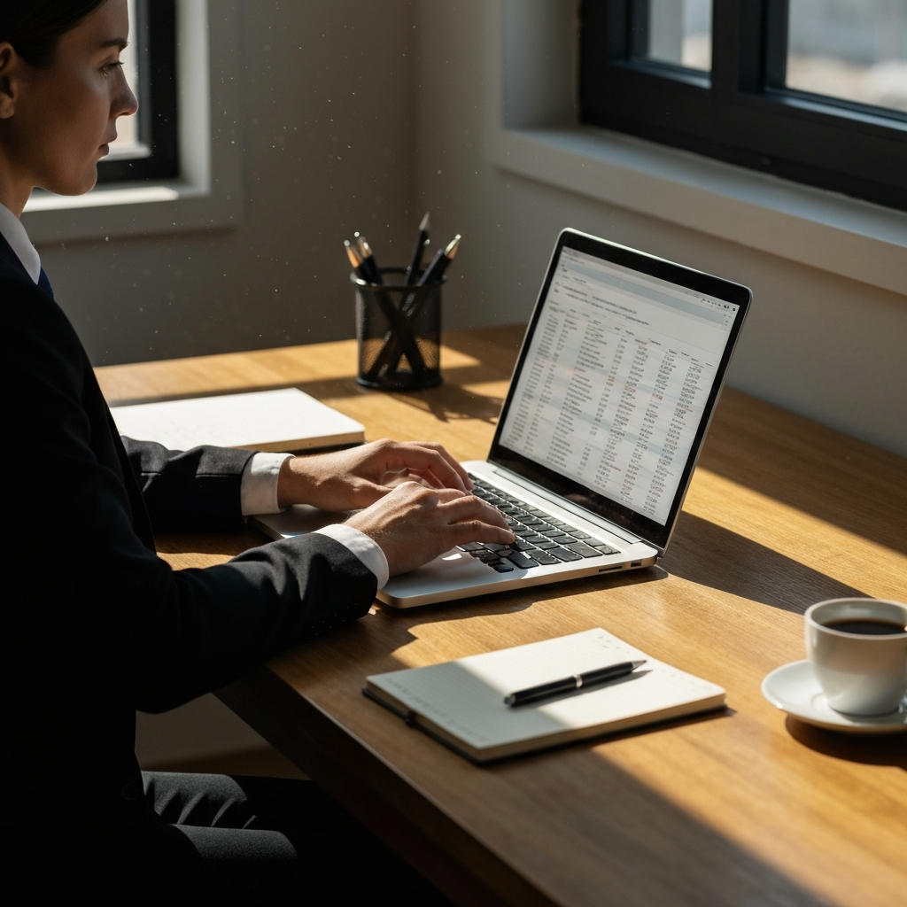 A person sitting at a wooden desk, using a laptop to review a spreadsheet. Sunlight streams in through a window, illuminating dust motes in the air. The desk also has a notepad, a pen, and a cup of coffee.
