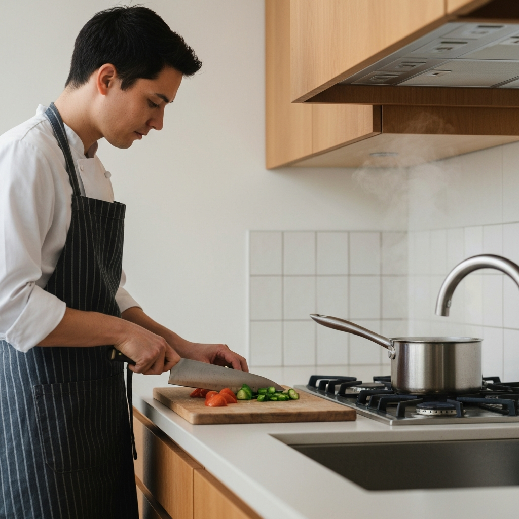 A brightly lit modern kitchen. A person in a chef's apron is chopping vegetables on a wooden cutting board, with a stainless steel knife. Steam rises from a pot on the stove in the background. Soft bokeh highlights the textures of the wooden cabinets and ceramic tiles.