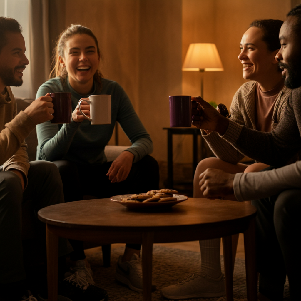 Four friends sitting around a coffee table in a warmly lit living room. They are laughing and talking, with mugs of coffee and a plate of cookies on the table. The scene has a cozy, inviting atmosphere with lamps providing soft, diffused light.
