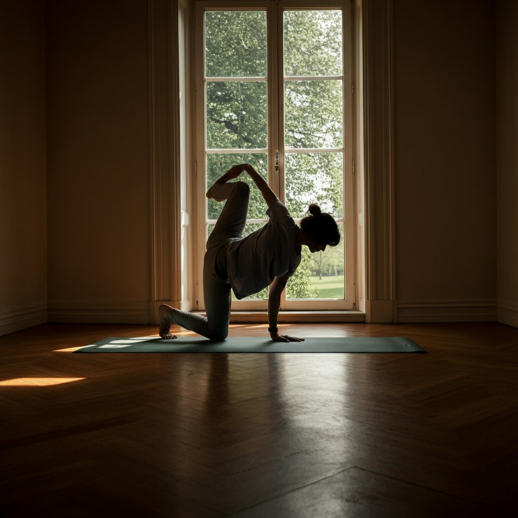 A person doing yoga in a sunlit room. The room is minimalist and clean, with wooden floors and a large window overlooking a green park. The lighting is soft and natural, creating a peaceful atmosphere.