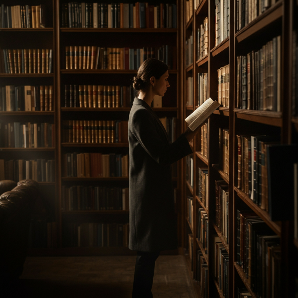 A well-stocked library with tall bookshelves. A person is browsing through books, with natural light filtering in through a large window. The textures of the leather-bound books and wooden shelves are highlighted by the light.