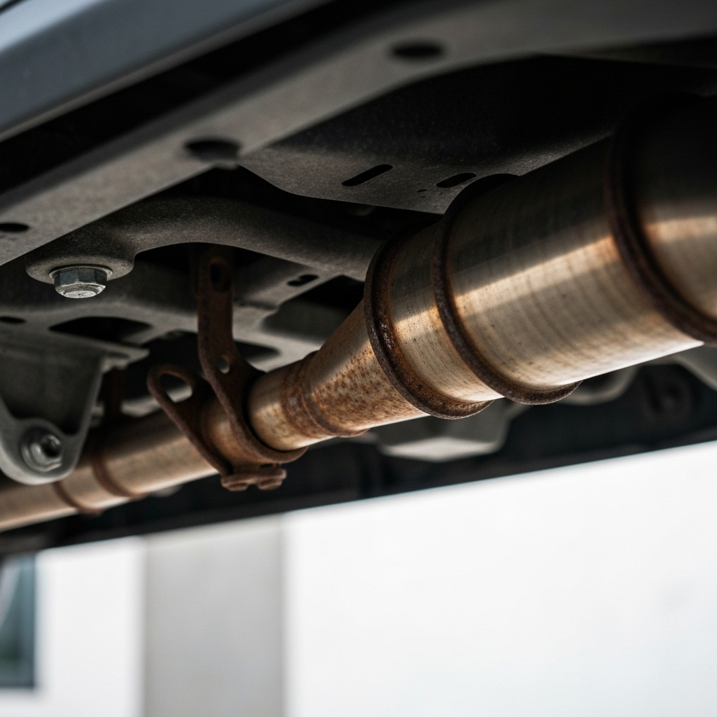 A close-up shot of a rusty exhaust pipe hanger beneath a car, side-lit with shallow depth of field, showing the texture of corroded metal.