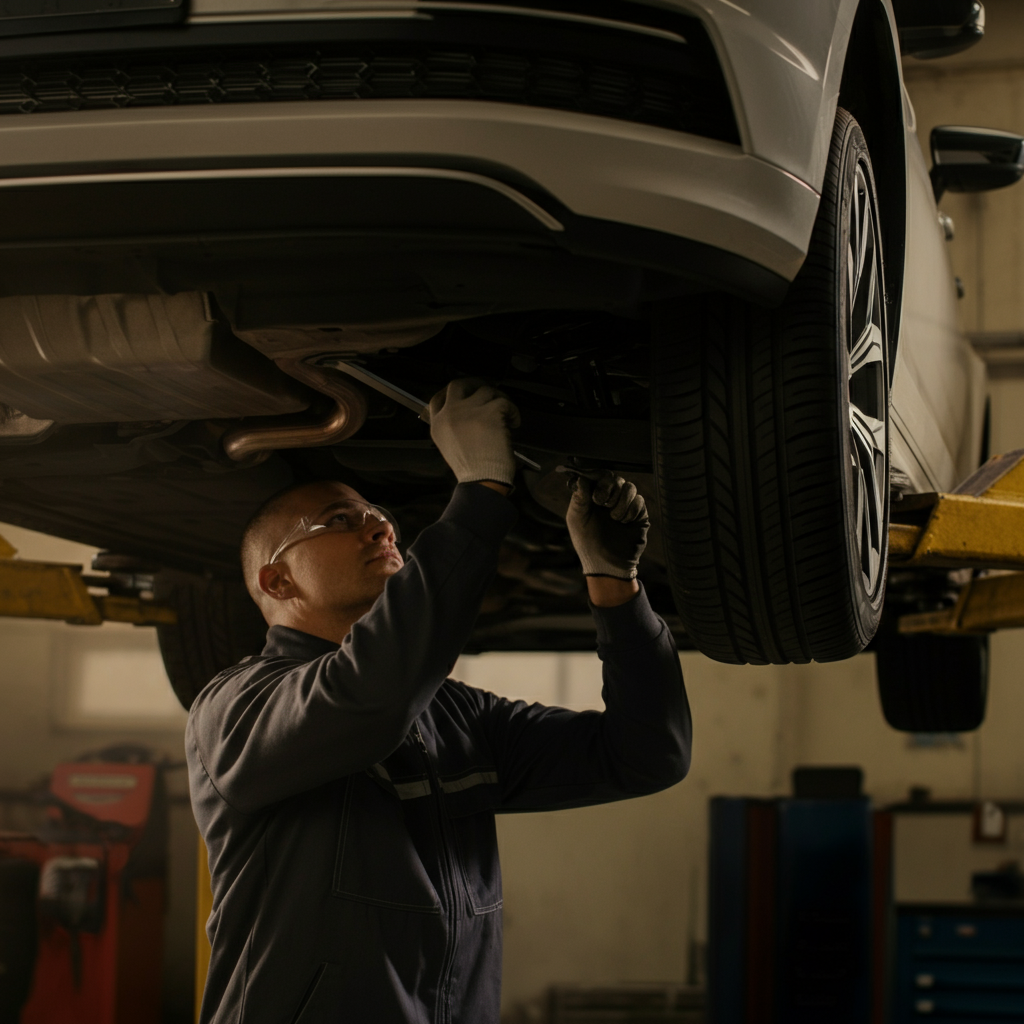 A car lifted on a hydraulic lift in a well-organized auto repair shop. The mechanic, wearing safety glasses, is using a pry bar to inspect the suspension components. Soft, even lighting across the undercarriage of the vehicle.