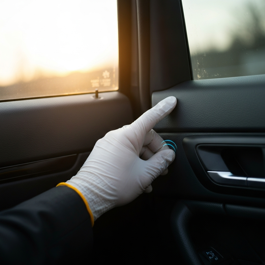 A gloved hand carefully pressing on a plastic trim piece inside a car door, checking for movement. Soft focus in the background. Golden hour lighting coming through the window.