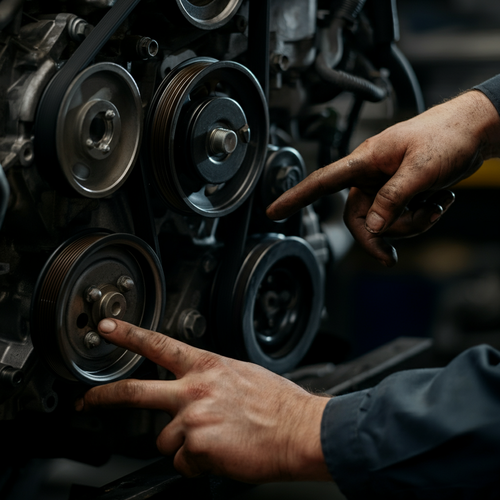 A mechanic's hands, slightly greasy, are pointing to a specific pulley on an engine. The engine compartment is well-lit and clean. Shallow depth of field focuses on the pulley.