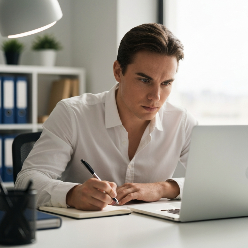 A person sits at a brightly lit desk, looking intently at their laptop screen. They are taking notes in a notebook with a pen, and their brow is furrowed in concentration. Soft bokeh in the background shows a tidy office space.