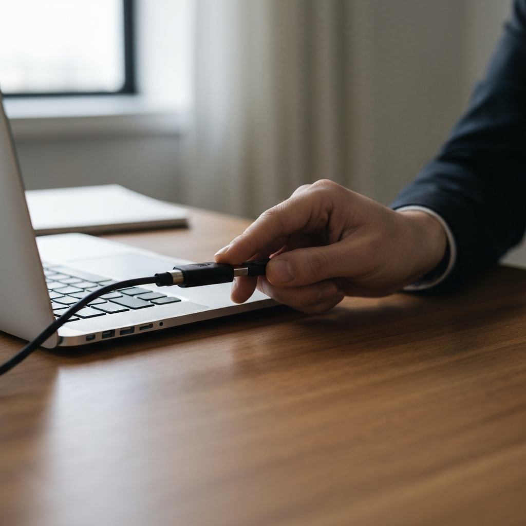 Close-up of a hand plugging a USB cable into a laptop. The laptop is on a clean wooden desk, and the cable is black with a silver connector. Soft, natural light illuminates the scene, highlighting the texture of the wood.