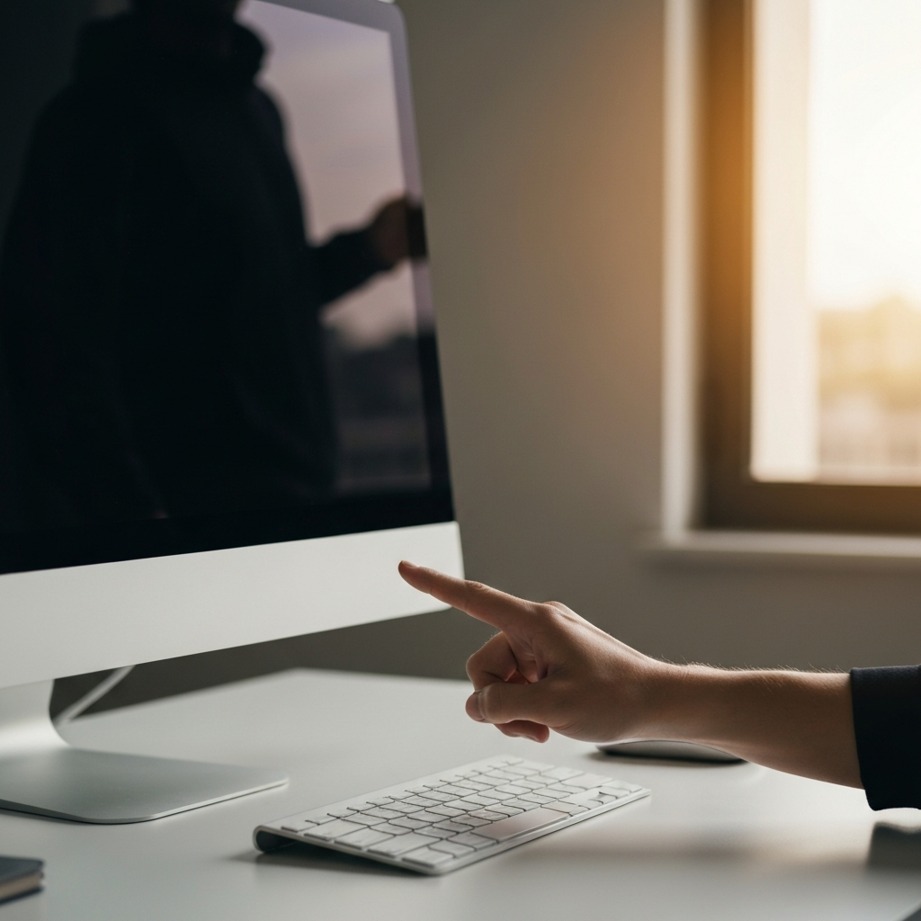 A hand pressing the power button on a sleek, modern desktop computer. The computer is situated on a minimalist desk with a white monitor and keyboard. The lighting is diffused and soft, creating a calm and professional atmosphere.