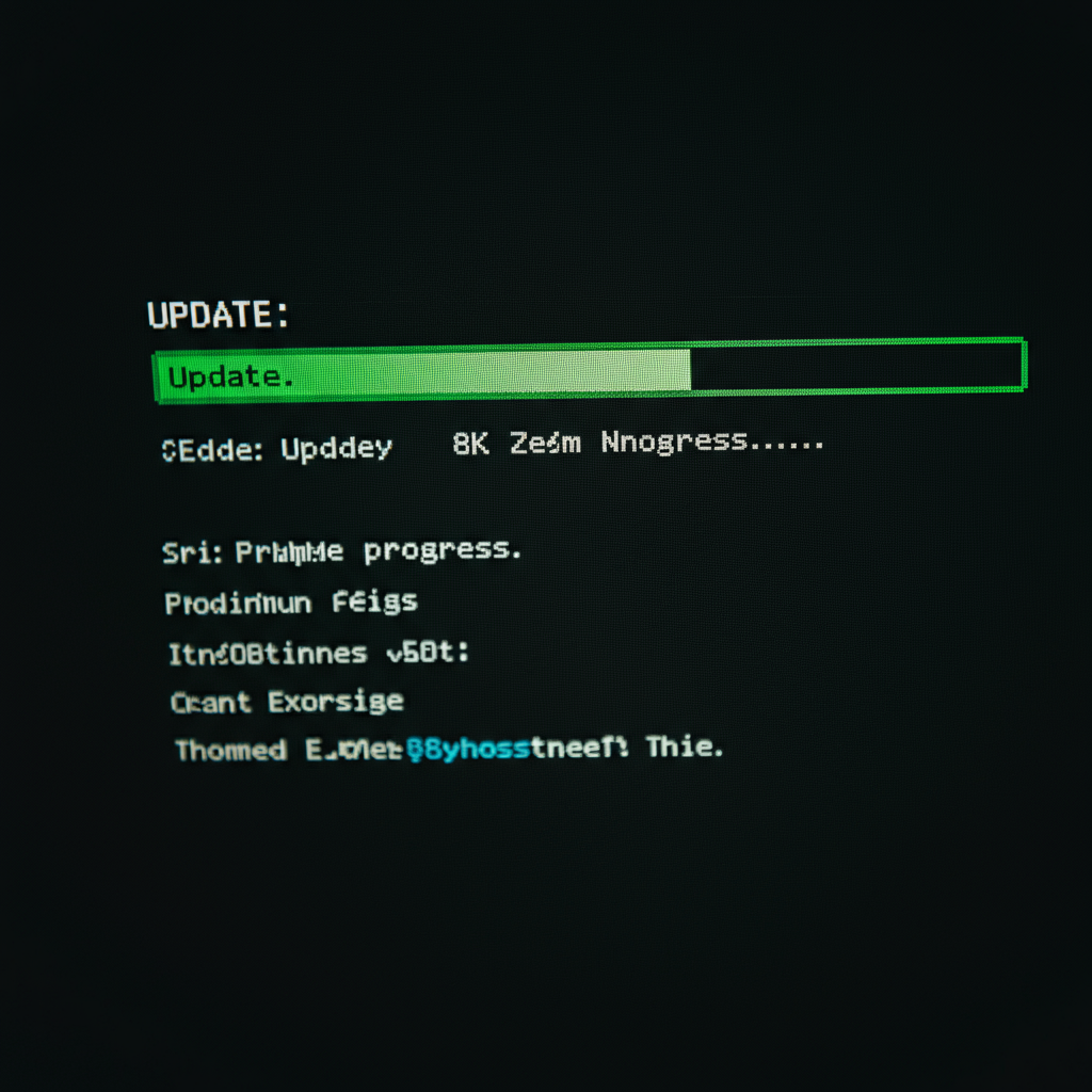 A close-up shot of a computer screen displaying an update progress bar. The bar is slowly filling with a green color, indicating the update is in progress. The text on the screen is clear and legible, and the surrounding area is dimly lit to emphasize the screen's glow.
