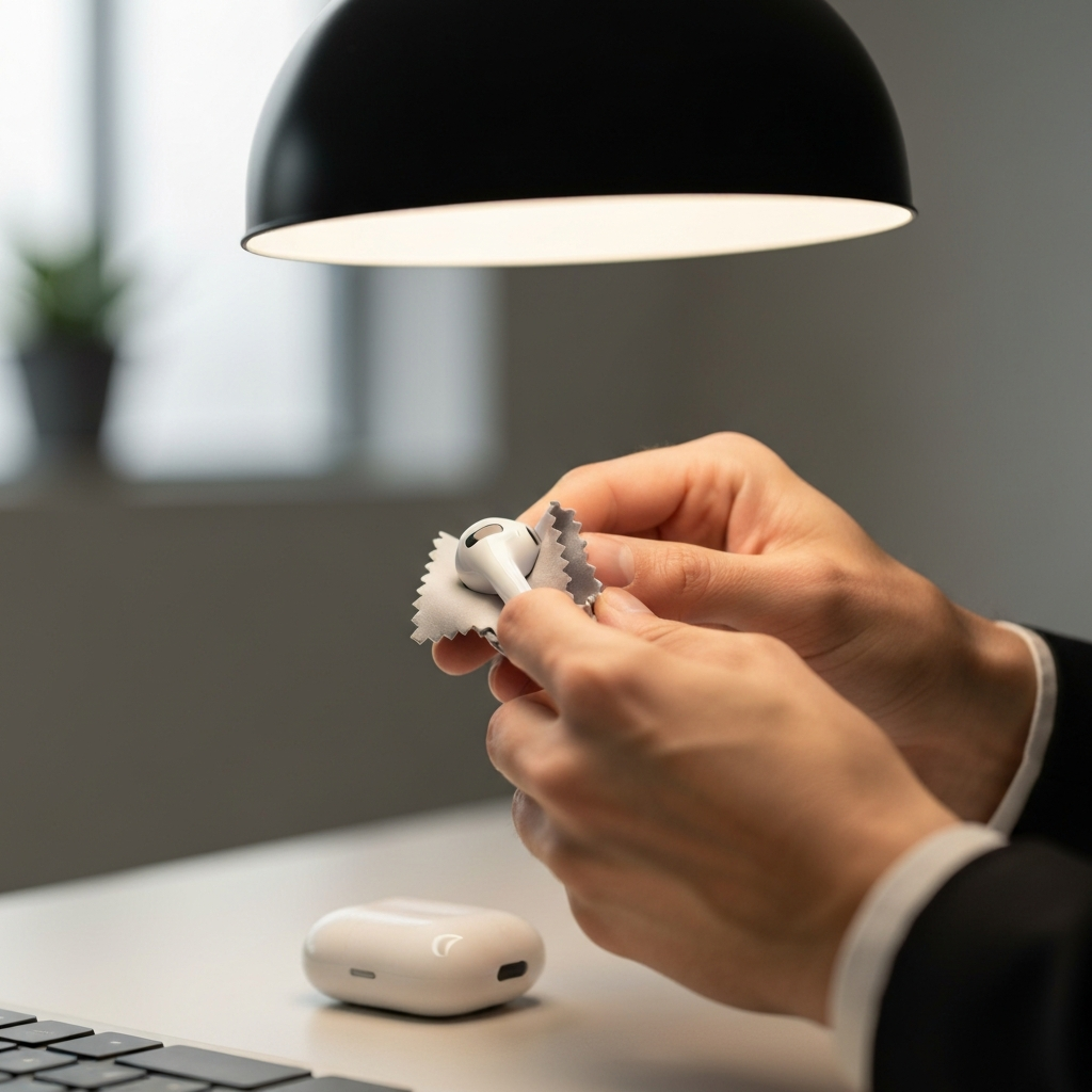 Hands carefully cleaning an AirPod with a soft microfiber cloth under a warm, diffused light. The AirPod is white and gleaming, and the cloth is a light gray. The background is a clean, uncluttered workspace.