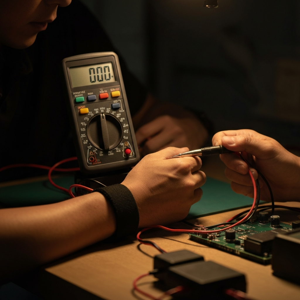 A person using a multimeter to test the voltage of a computer component. The multimeter is digital with a clear display, and the person is wearing an anti-static wrist strap. The lighting is bright and focused on the work area.