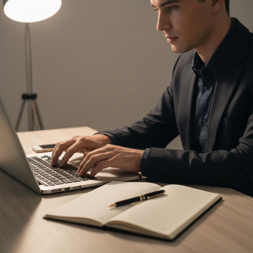 A person sitting at a desk, typing on a laptop. Next to the laptop is a notebook and pen, and the person is glancing back and forth between the screen and the notebook. The lighting is soft and warm, creating a comfortable and productive atmosphere.