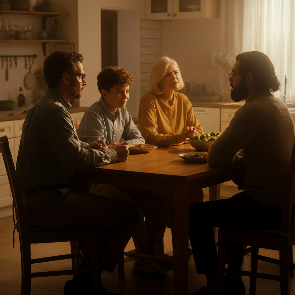 A family of four seated around a wooden dining table in a brightly lit kitchen. Soft golden hour lighting streams through a window. Each family member is attentively listening to another, with gentle smiles and relaxed postures.