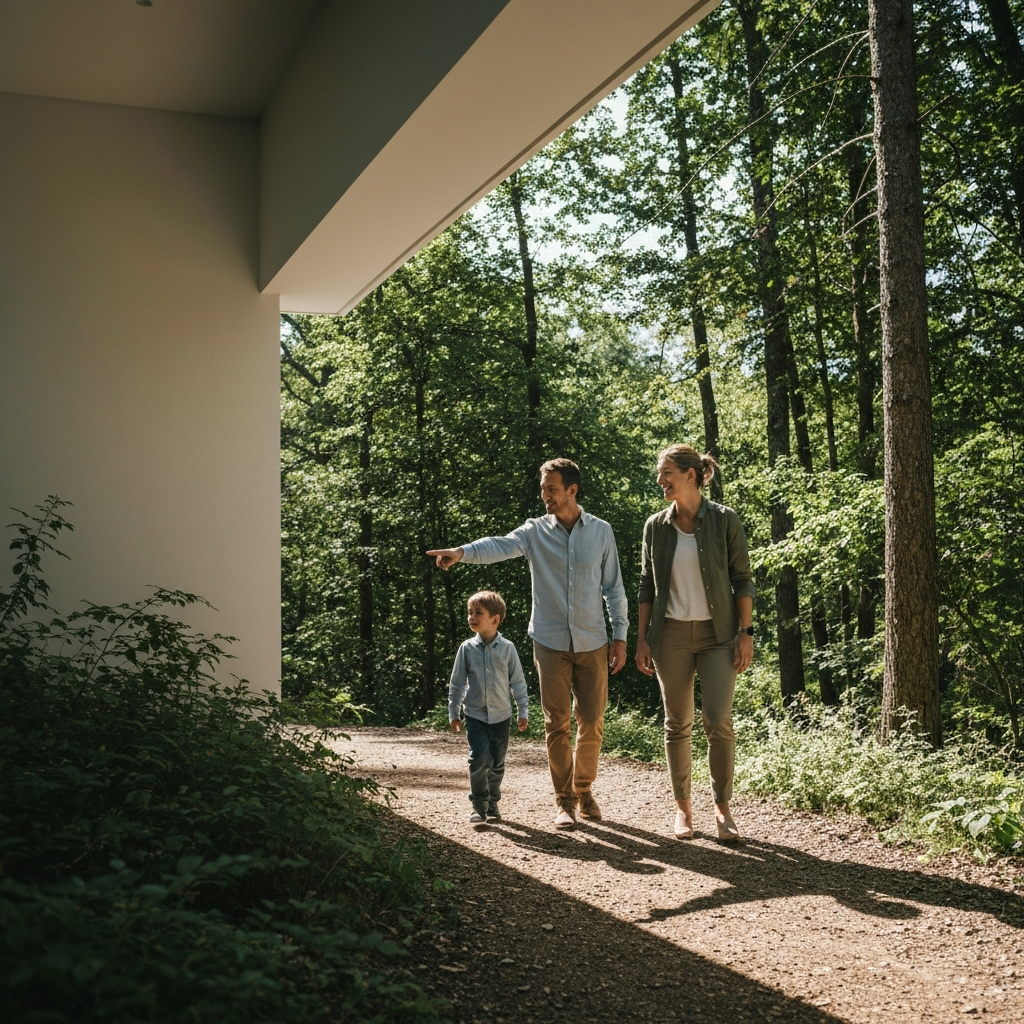 A family of three hiking on a trail through a forest. Sunlight filters through the trees, creating dappled shadows on the path. The father points out something in the distance to his son, while the mother smiles and watches them.