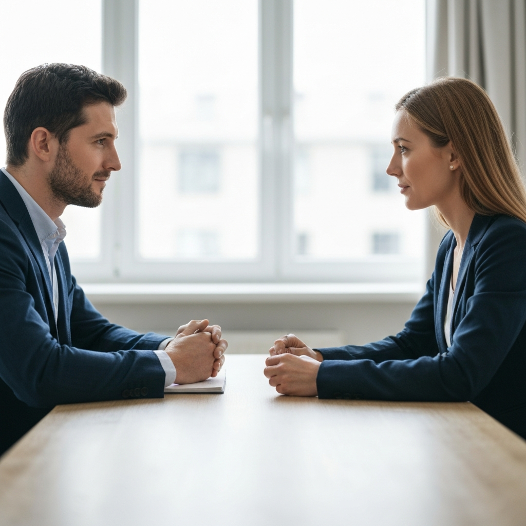A couple sitting across from each other at a table, engaged in a calm discussion. The room is well-lit with natural light, and the focus is on their faces as they listen attentively to each other.