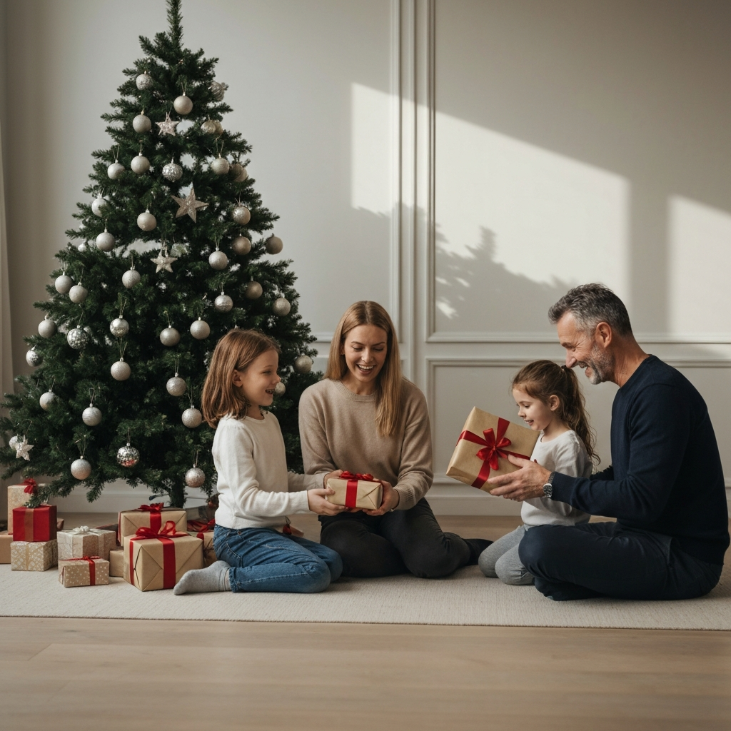 A family gathered around a Christmas tree, opening presents. The room is filled with soft, warm light, and the faces of the family members are lit with joy and excitement.