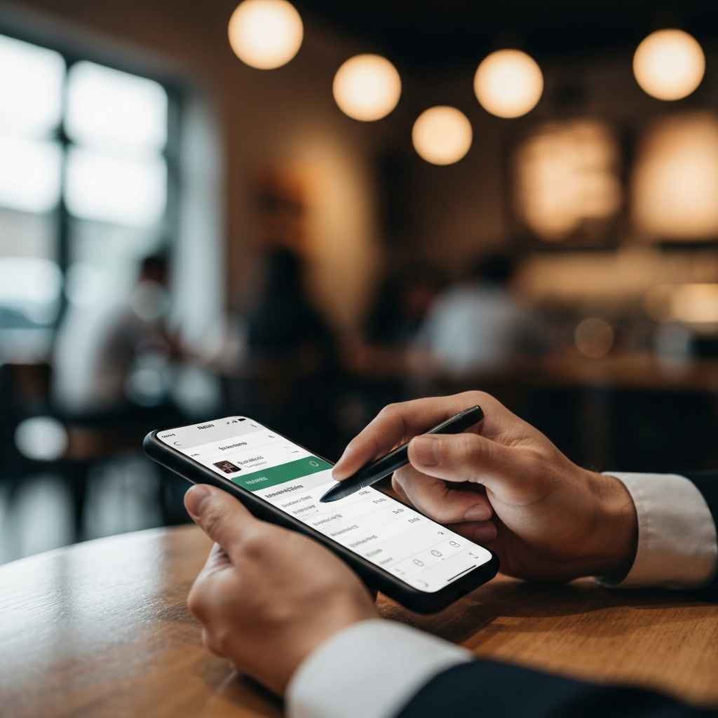 Close-up shot of a hand entering data into a budgeting app on a smartphone. Soft focus on the background, showcasing a coffee shop interior with warm lighting and blurry figures.