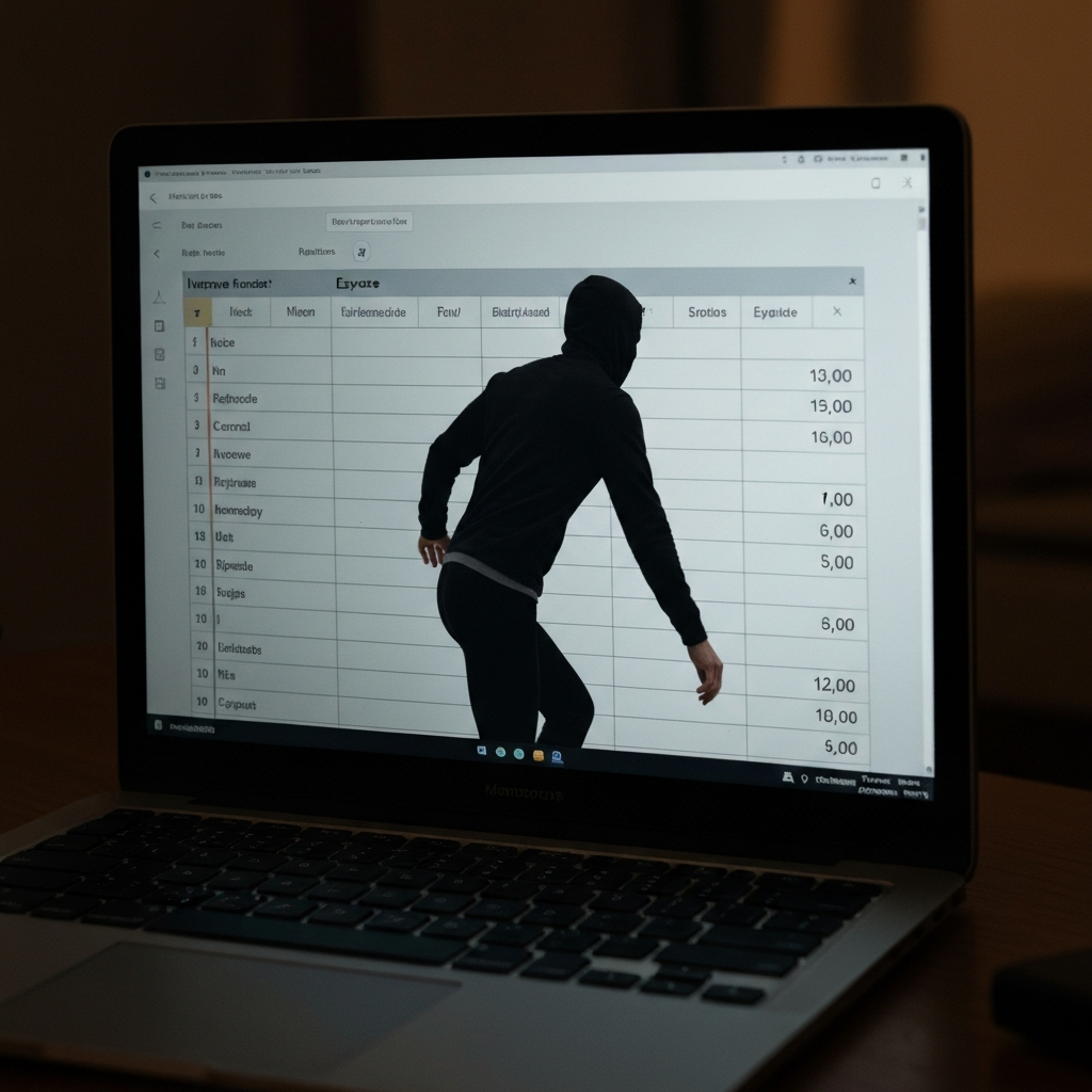 A well-organized spreadsheet displayed on a laptop screen. The spreadsheet shows income and expense categories with numerical values. The room is dimly lit with a soft glow from the screen.