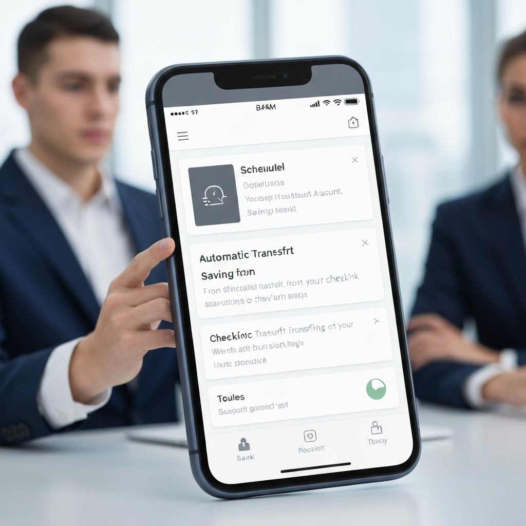 A bank app interface on a mobile phone. The screen displays a scheduled automatic transfer from a checking account to a savings account. The background is a blurred image of a professional banking environment.