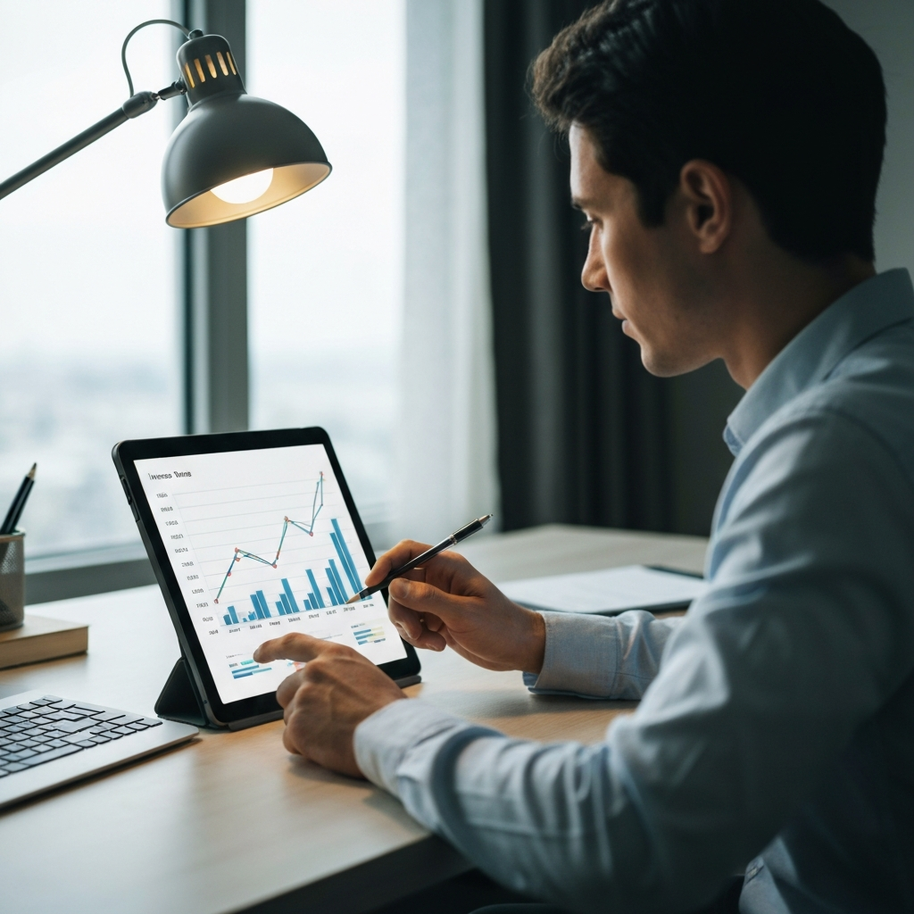A person looking at a graph on a tablet screen. The graph shows income and expenses over time. They are seated at a modern desk in a home office with good natural lighting.