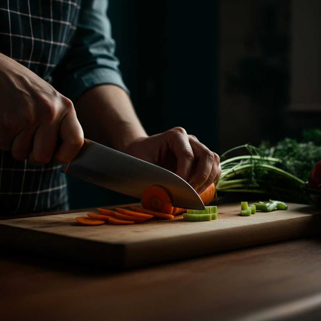 A close-up shot of hands chopping fresh vegetables (carrots, celery, onions) on a wooden cutting board, bathed in soft, natural light from a nearby window. Focus on the texture of the wood and the vibrant colors of the vegetables.