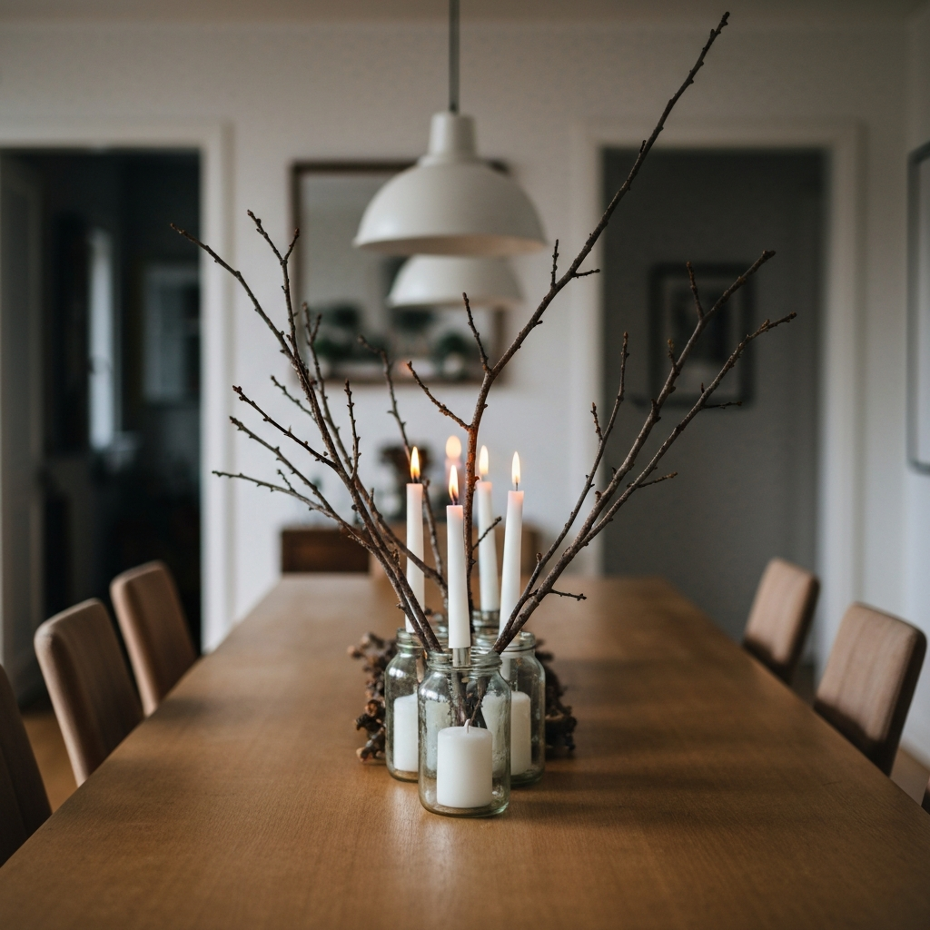 A warmly lit dining table, adorned with a handmade centerpiece of foraged branches and candles in repurposed glass jars. Soft bokeh blurs the background, hinting at the rest of the room.