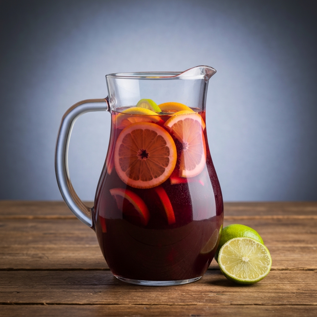 A glass pitcher filled with colorful sangria, garnished with slices of oranges, lemons, and limes. The pitcher sits on a rustic wooden table, side-lit to emphasize the vibrant colors.