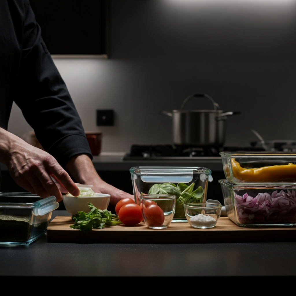 A well-organized kitchen counter with prepped ingredients in glass containers, ready for cooking. The lighting is bright and functional, highlighting the cleanliness and orderliness of the space.