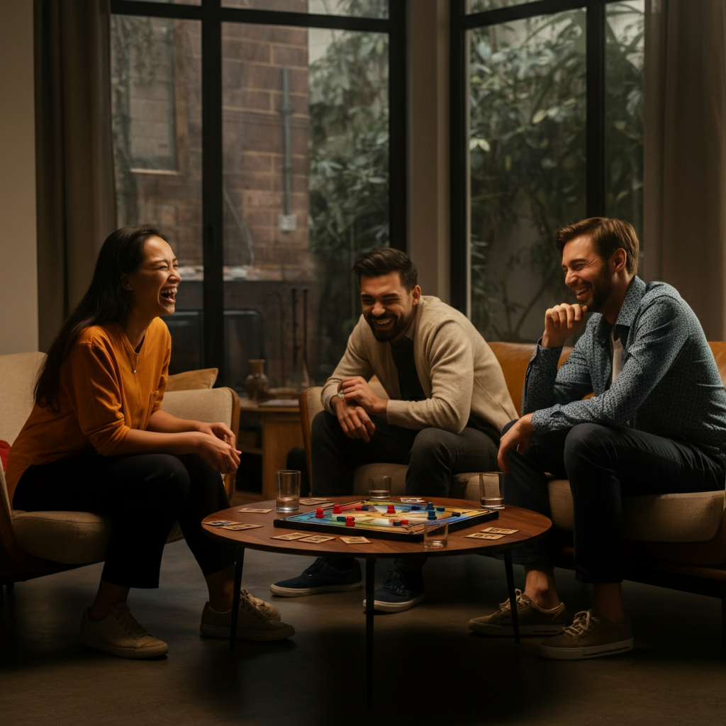 A group of friends laughing and playing a board game around a coffee table. The scene is warmly lit, capturing the expressions of joy and camaraderie.