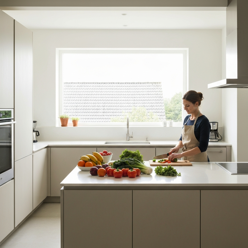 A brightly lit kitchen with a countertop full of fresh fruits and vegetables. A woman in an apron is chopping vegetables on a cutting board. Natural light fills the room through a large window.