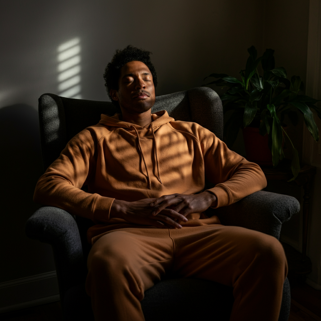 A person sitting in a comfortable chair in a peaceful room. Soft, diffused light illuminates their face. Their eyes are closed, and their hands are resting gently in their lap. A potted plant sits in the background.