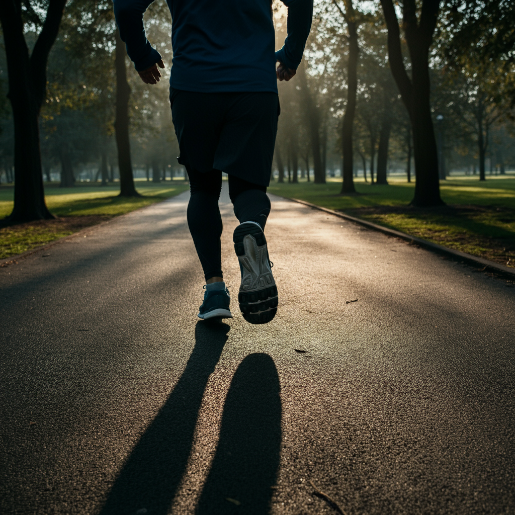 A person jogging in a park on a sunny morning. Golden hour lighting creates long shadows. They are wearing athletic clothes and running shoes. Trees line the path.