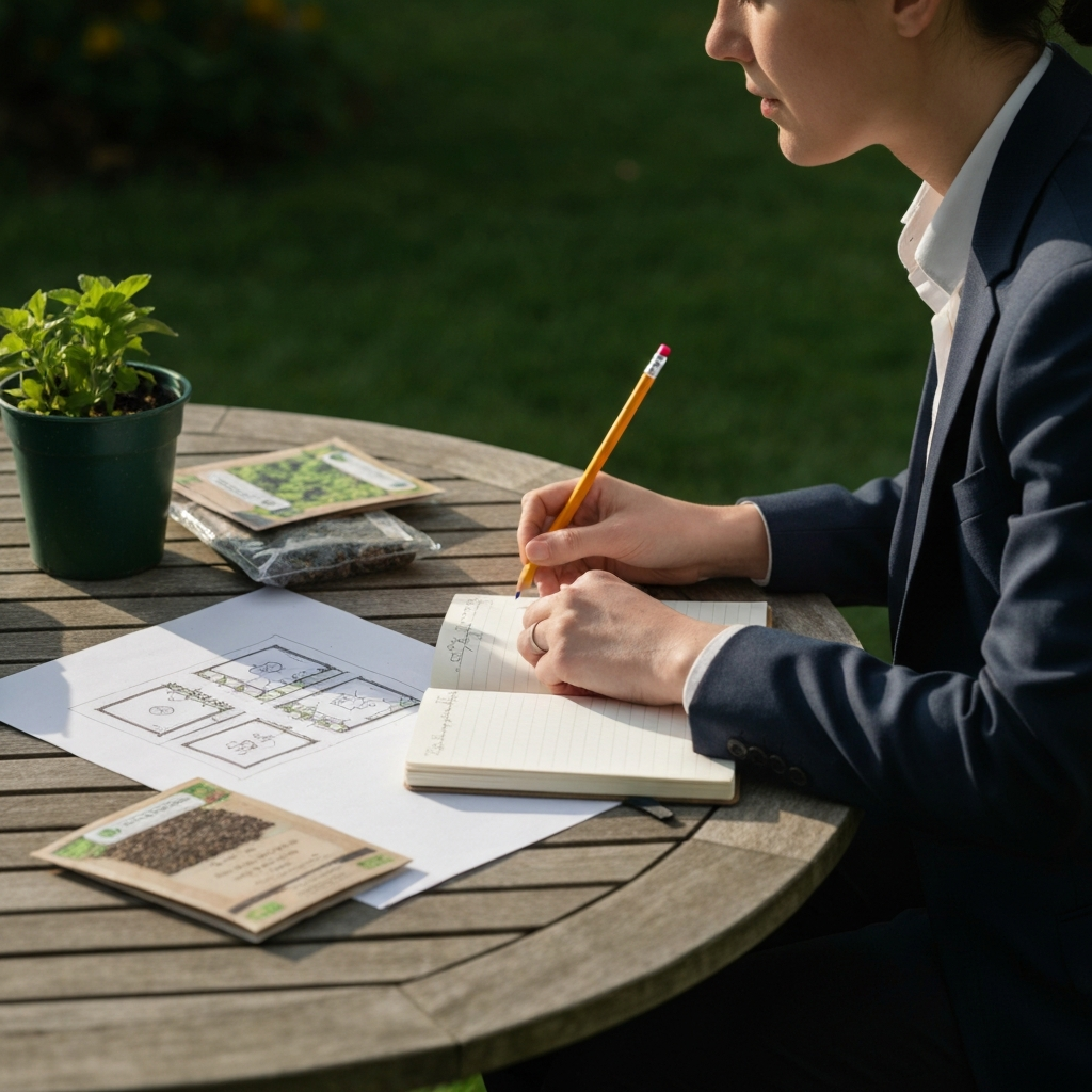A person sitting at a wooden garden table with a notebook, pencil, seed packets, and a sketched garden layout. Soft natural light illuminates the scene, highlighting the textures of the paper and seed packets.