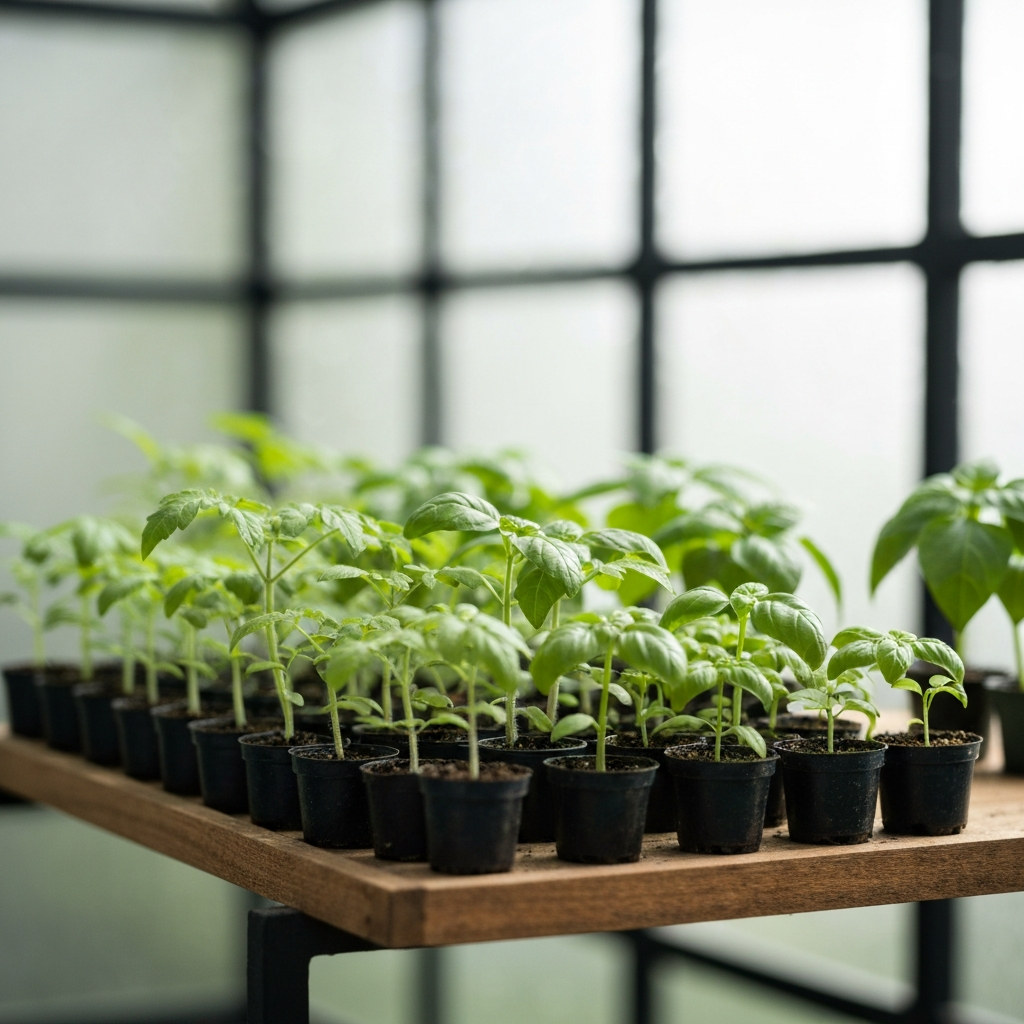 Close-up of various young seedlings (tomato, basil, pepper) in small pots, arranged on a wooden shelf. Soft bokeh in the background shows a greenhouse environment with diffused sunlight.