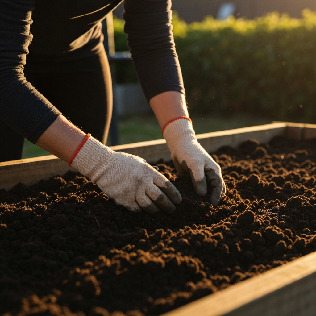 Hands wearing gardening gloves mixing compost into dark, rich soil in a raised garden bed. Golden hour lighting creates long shadows and highlights the texture of the soil.
