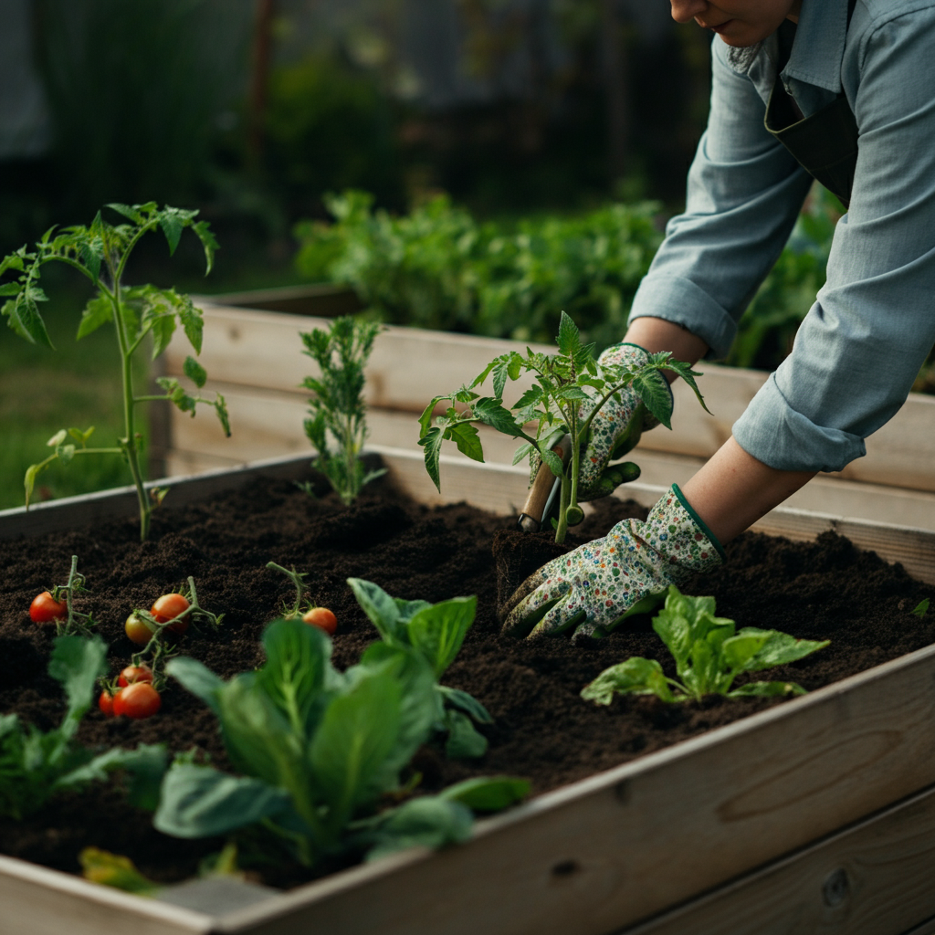 A person planting a tomato plant in a raised garden bed, with other plants already in place. The person is wearing gardening gloves and using a small trowel. Soft focus on the background showing other vegetables in the garden.