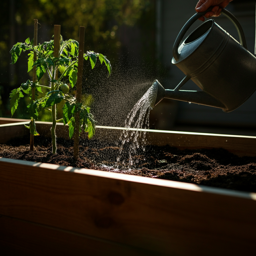 A watering can pouring water gently around the base of a tomato plant in a raised garden bed. The sun is shining, and droplets of water are visible on the leaves of the plant.