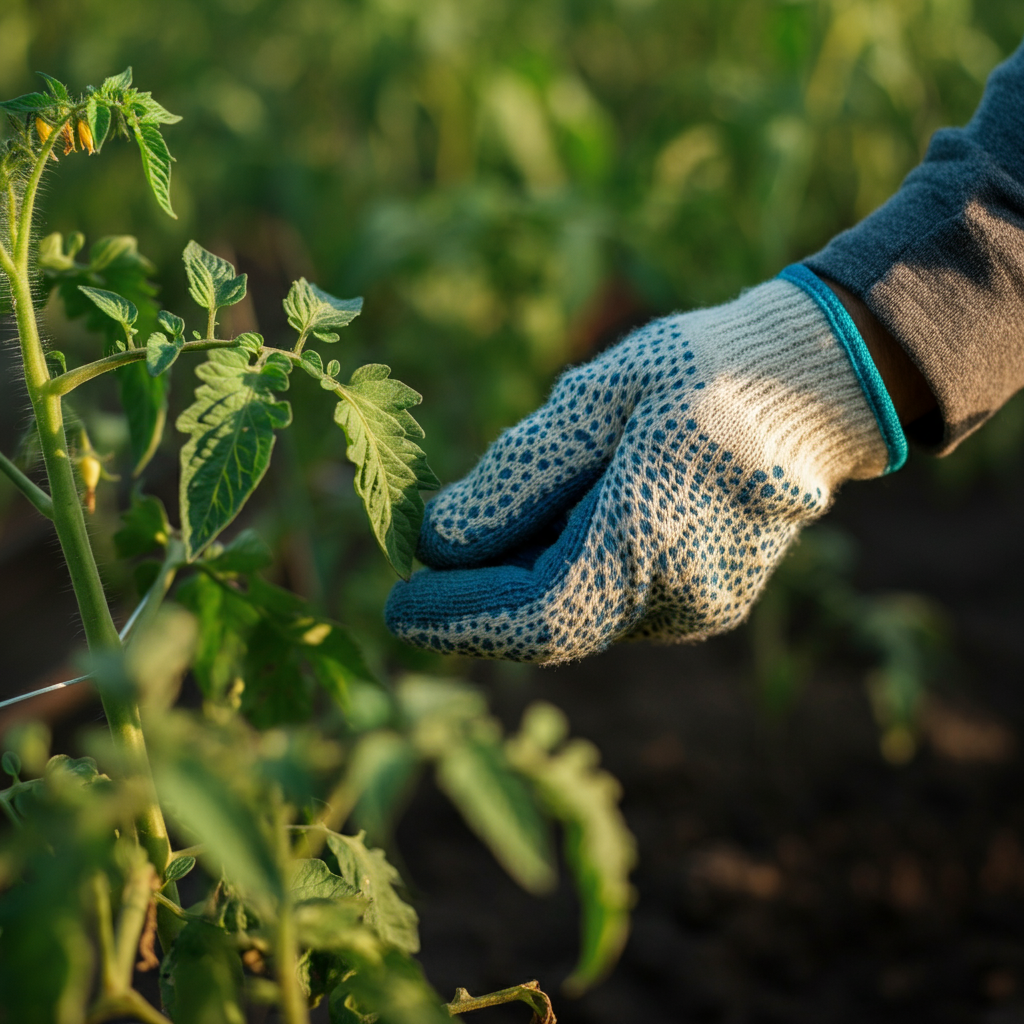 A close-up of a person's hand, wearing a gardening glove, inspecting a tomato plant leaf for pests. The background is slightly blurred, showing other tomato plants in the garden.