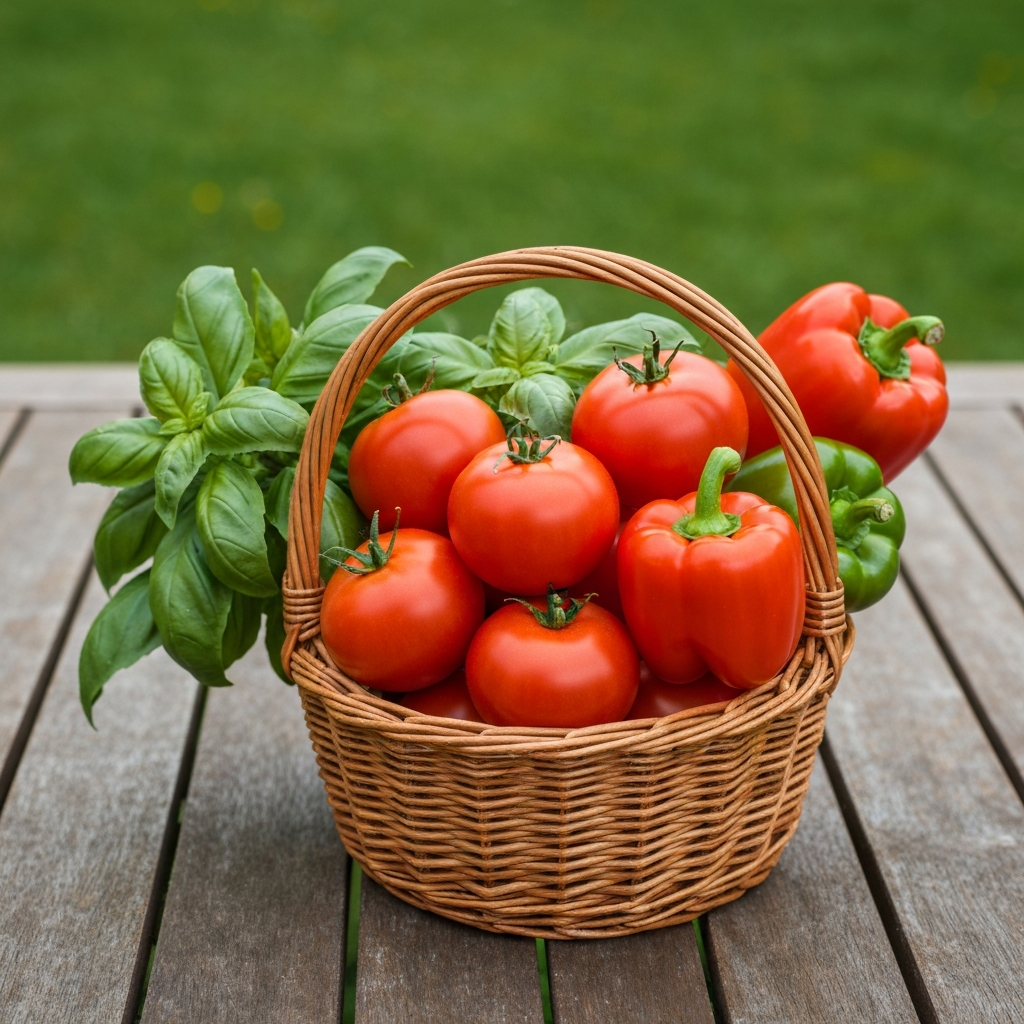 A basket filled with ripe red tomatoes, fresh basil leaves, and colorful bell peppers, sitting on a wooden garden table. The scene is brightly lit, showcasing the vibrant colors of the vegetables.